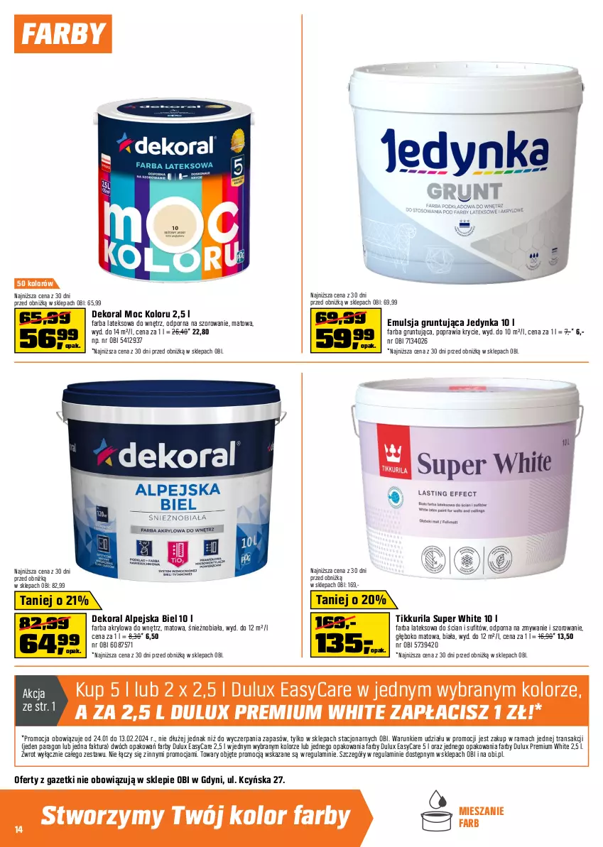 Gazetka promocyjna Obi - Gazetka OBI - ważna 24.01 do 13.02.2024 - strona 14 - produkty: Akumulator, Bosch, Dekoral, Dulux, Einhell, Emulsja, Fa, Farba akrylowa, Farba lateksowa, Grunt, Odkurzacz, Por, Przecinarka, Przecinarka do drewna, Rama, Ser, Tarka, Tran, Wkręt, Wkrętarka