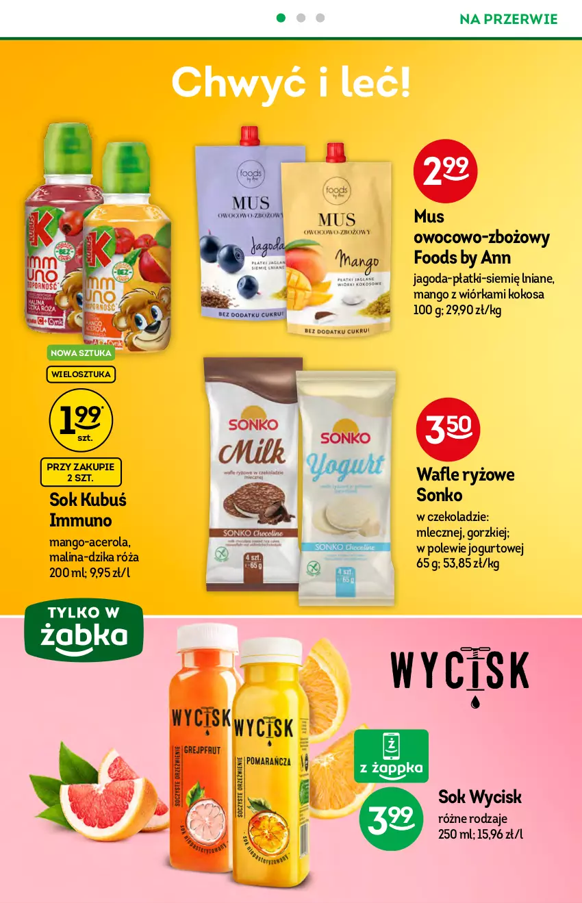 Gazetka promocyjna Żabka - ważna 22.09 do 28.09.2021 - strona 18 - produkty: Acer, Dzika róża, Jogurt, Kokos, Kubuś, Mango, Mus, Róża, Ryż, Sok, Sonko, Wafle