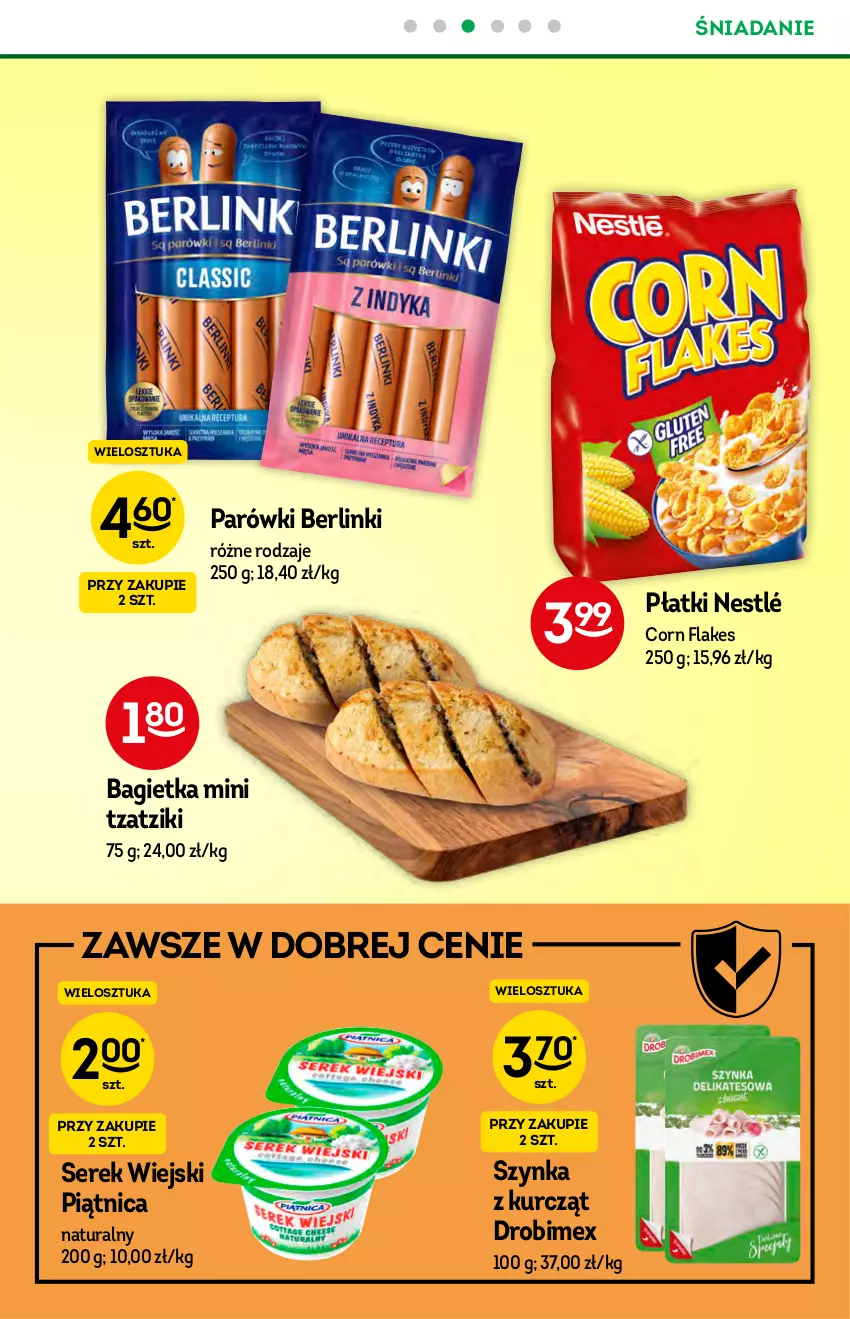 Gazetka promocyjna Żabka - ważna 22.09 do 28.09.2021 - strona 29 - produkty: Bagietka, Berlinki, Corn flakes, Drobimex, Nestlé, Parówki, Piątnica, Ser, Serek, Serek wiejski, Szynka