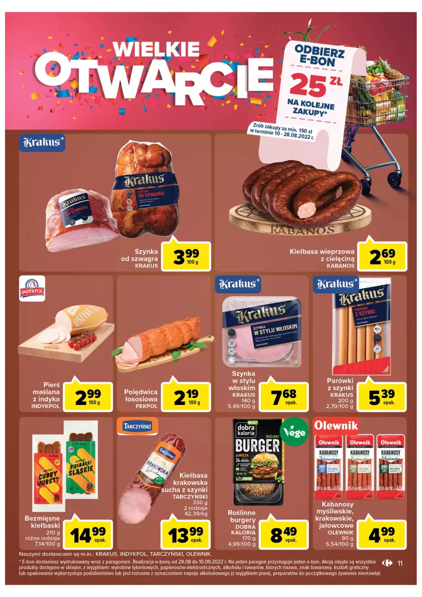 Gazetka promocyjna Carrefour - Gazetka Wielkie Otwarcie Bielany Wrocławskie - ważna 10.08 do 13.08.2022 - strona 11 - produkty: Burger, Gra, Kabanos, Kiełbasa, Kiełbasa krakowska, Krakus, LANA, Olewnik, Papier, Parówki, Pekpol, Piwa, Polędwica, Sos, Tarczyński