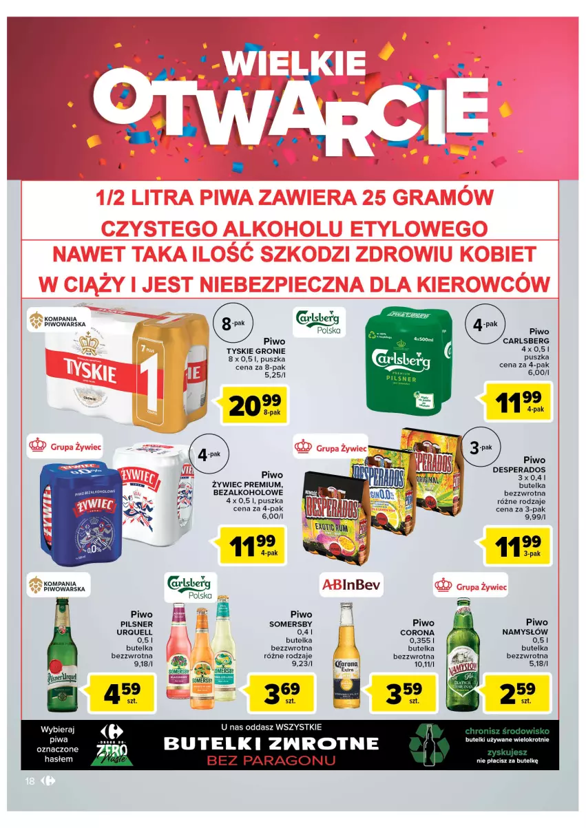 Gazetka promocyjna Carrefour - Gazetka Wielkie Otwarcie Bielany Wrocławskie - ważna 10.08 do 13.08.2022 - strona 18 - produkty: Carlsberg, Desperados, Mola, Namysłów, Pilsner Urquell, Piwo, Somersby, Tyskie