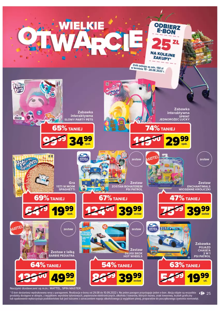 Gazetka promocyjna Carrefour - Gazetka Wielkie Otwarcie Bielany Wrocławskie - ważna 10.08 do 13.08.2022 - strona 25 - produkty: Gra, Hot Wheels, Jednorożec, Mattel, Papier, Piwa, Pojazd, Psi Patrol, Spaghetti, Tera, Zabawka