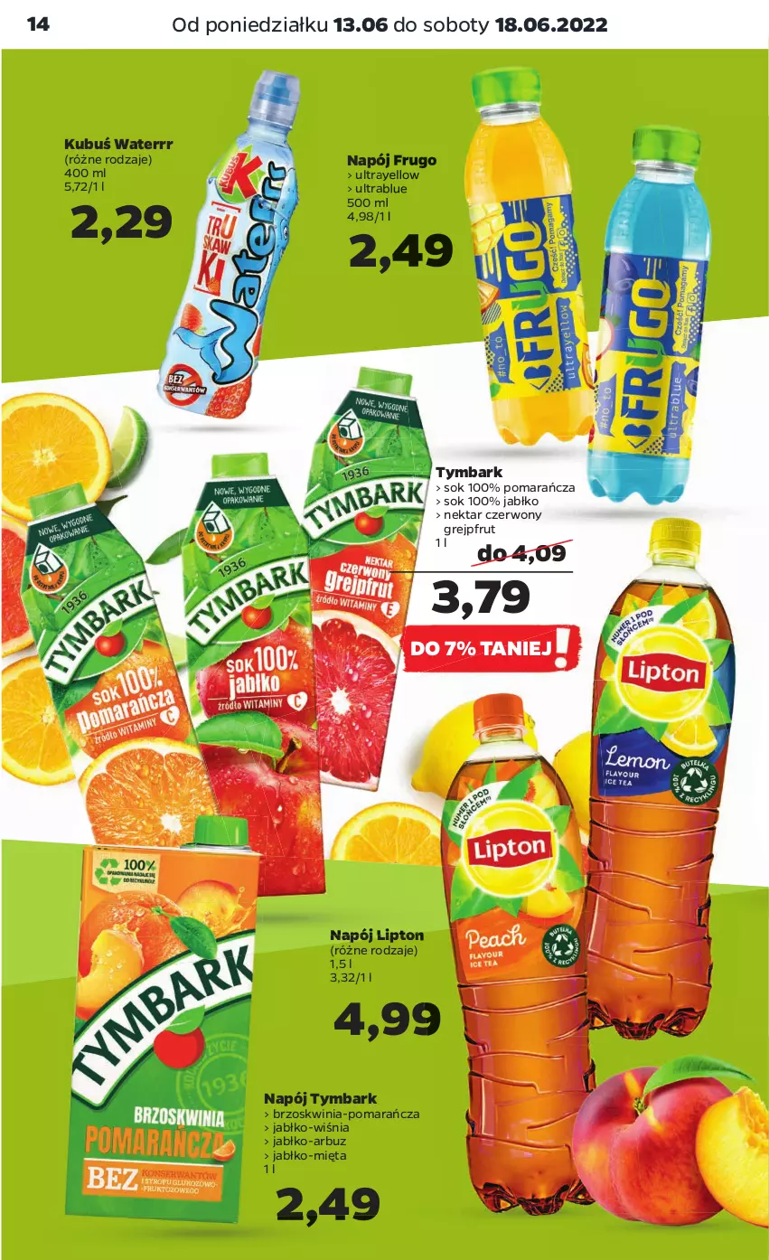 Gazetka promocyjna Netto - Gazetka spożywcza - ważna 13.06 do 18.06.2022 - strona 14 - produkty: Arbuz, Grejpfrut, Kubuś, Kubuś Waterrr, Lipton, Mięta, Napój, Nektar, Sok, Tymbark