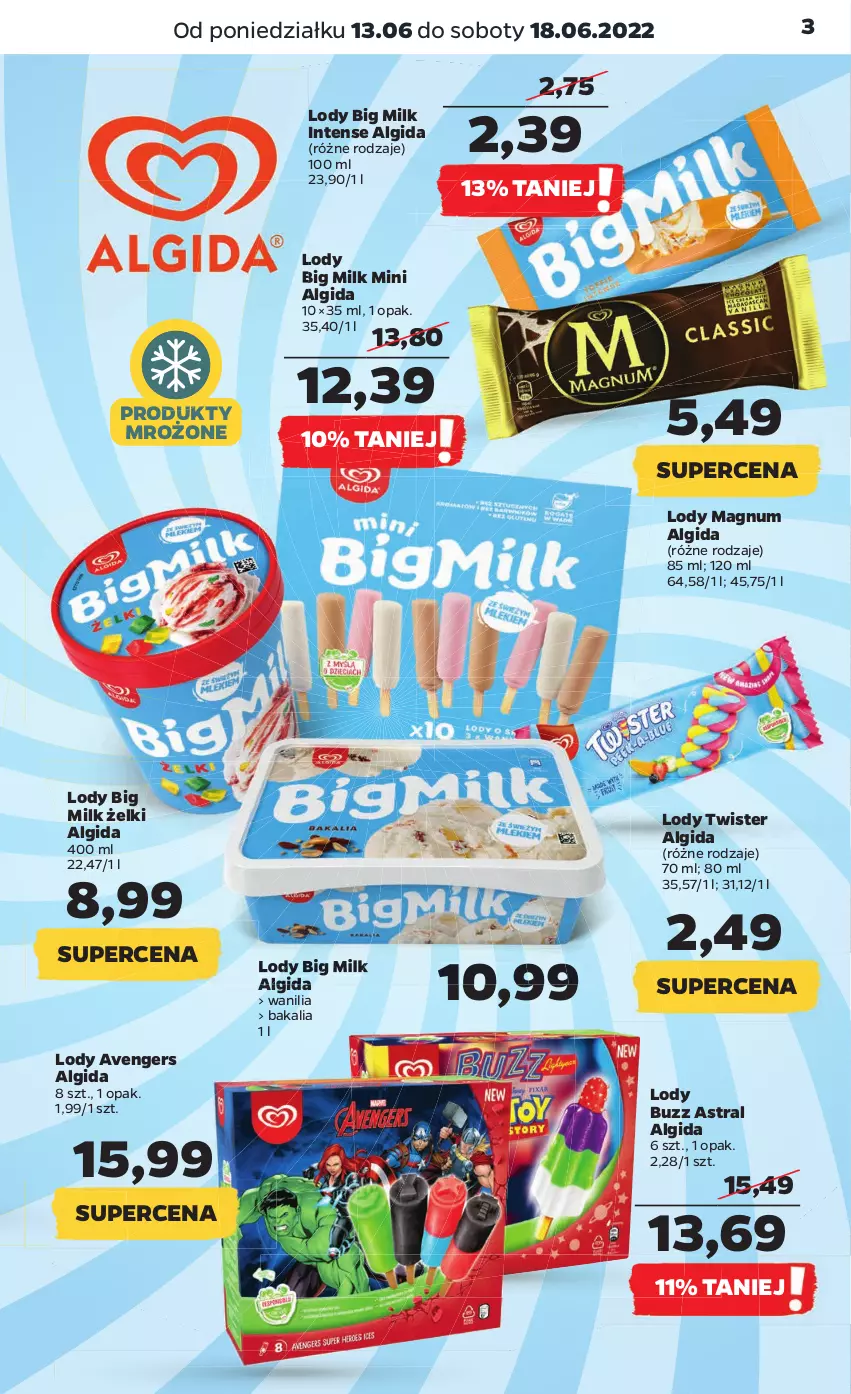 Gazetka promocyjna Netto - Gazetka spożywcza - ważna 13.06 do 18.06.2022 - strona 3 - produkty: Algida, Avengers, Big Milk, LG, Lody, Produkty mrożone