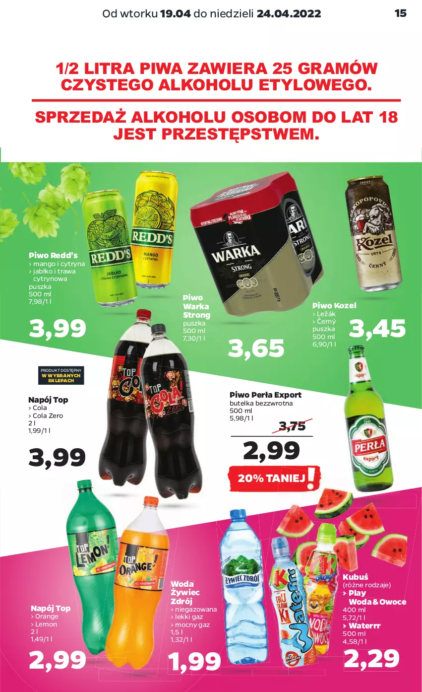 Gazetka promocyjna Netto - Gazetka spożywcza - ważna 19.04 do 24.04.2022 - strona 15 - produkty: Gra, Kozel, Kubuś, Mango, Napój, Owoce, Perła, Piwa, Piwo, Por, Top, Warka, Woda