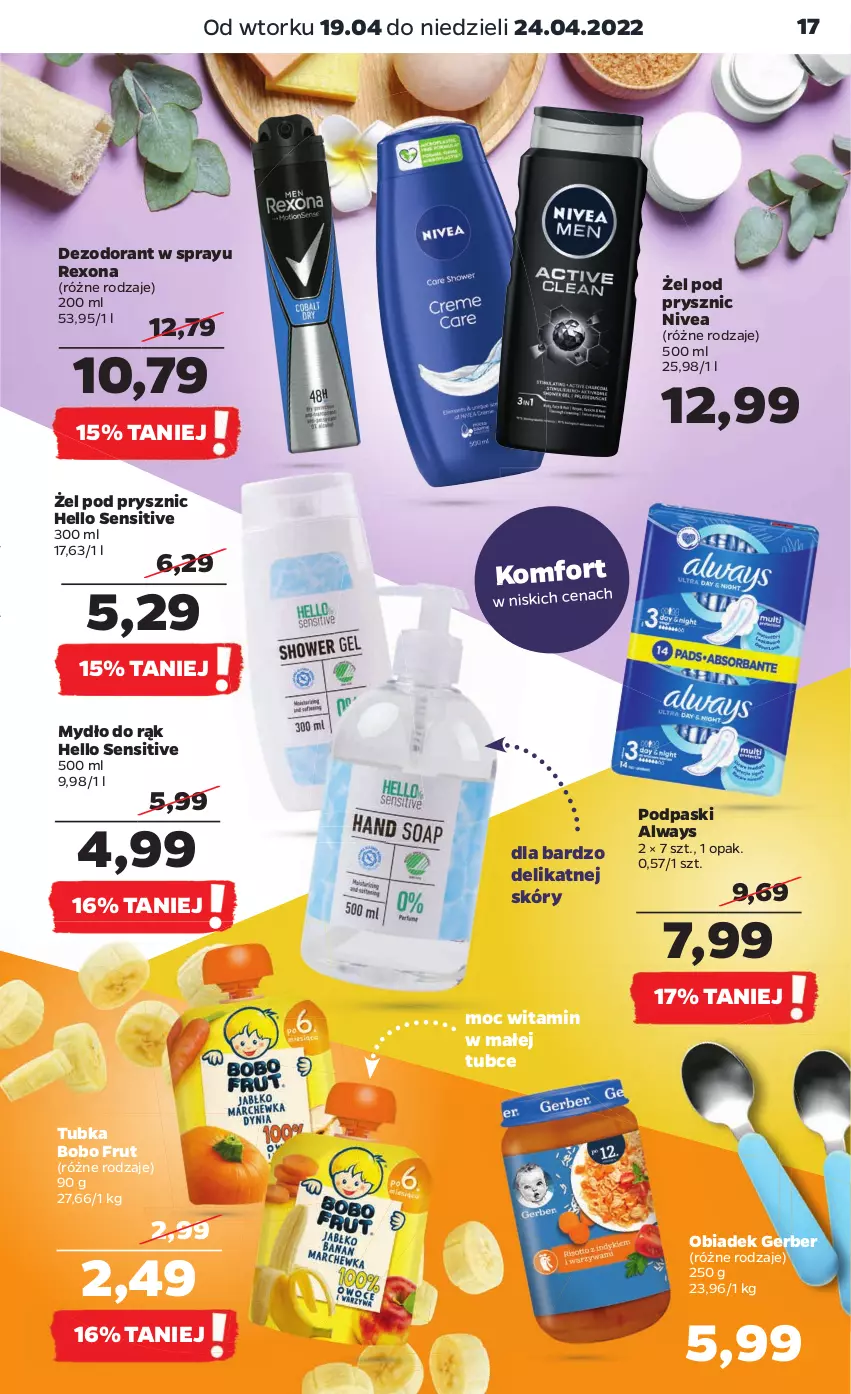 Gazetka promocyjna Netto - Gazetka spożywcza - ważna 19.04 do 24.04.2022 - strona 17 - produkty: Always, Dezodorant, Gerber, Mydło, Nivea, Podpaski, Rexona