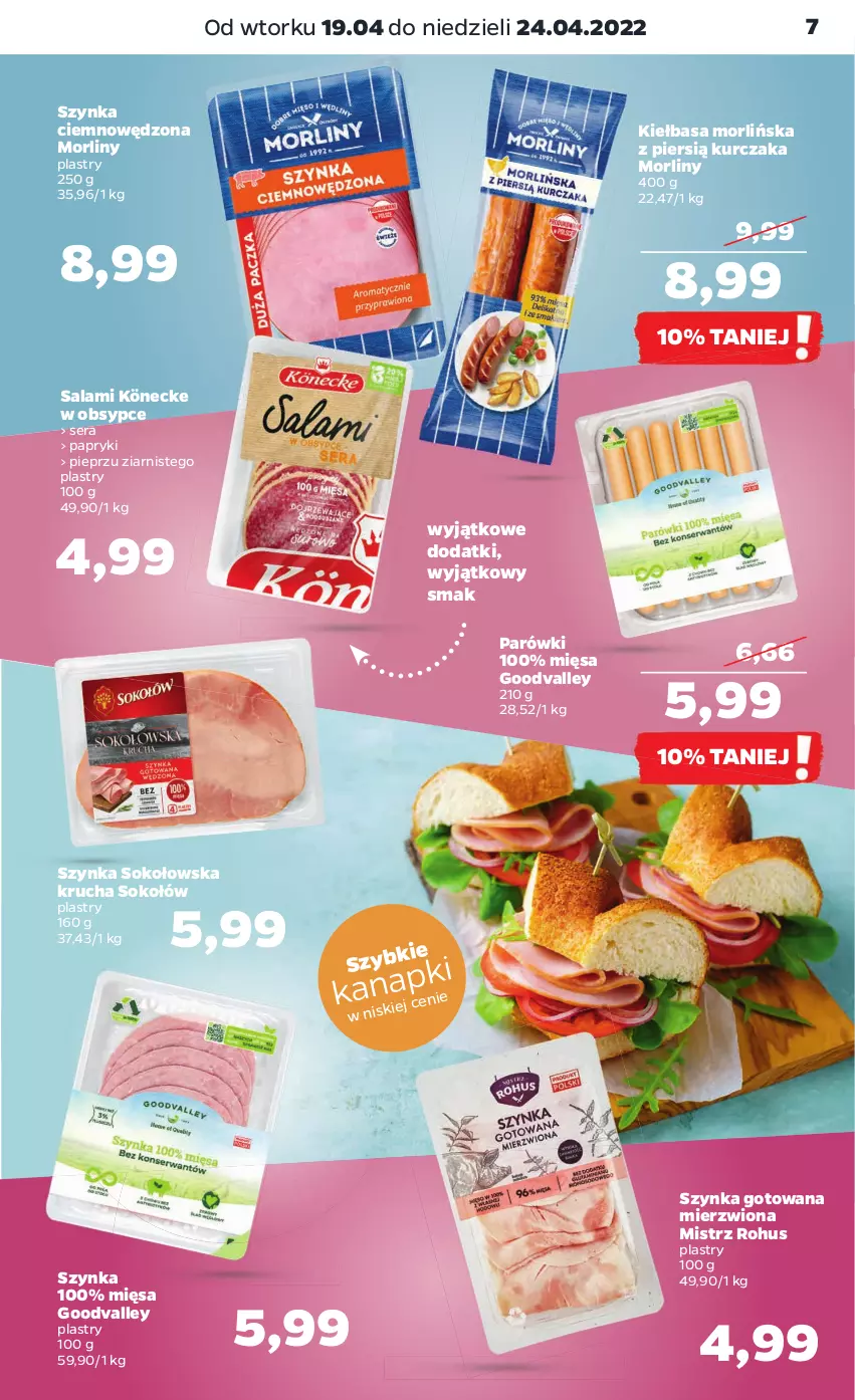 Gazetka promocyjna Netto - Gazetka spożywcza - ważna 19.04 do 24.04.2022 - strona 7 - produkty: Kiełbasa, Kurczak, Morliny, Parówki, Pieprz, Salami, Ser, Sok, Sokołów, Szynka