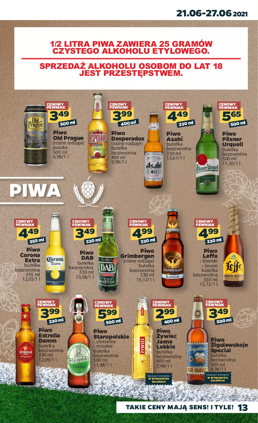 Gazetka promocyjna Netto - Gazetka spożywcza - ważna 21.06 do 27.06.2021 - strona 13 - produkty: Asahi, Corona Extra, Desperados, Gra, Pilsner Urquell, Piwa, Piwo