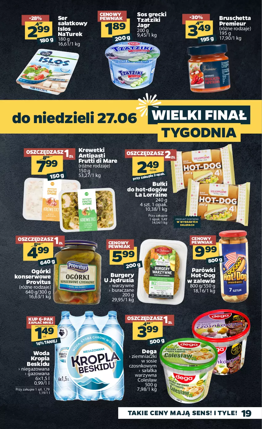 Gazetka promocyjna Netto - Gazetka spożywcza - ważna 21.06 do 27.06.2021 - strona 19 - produkty: Burger, Dega, Jagr, Krewetki, NaTurek, Ogórki konserwowe, Parówki, Sałat, Sałatka, Sałatka warzywna, Ser, Sos, Woda