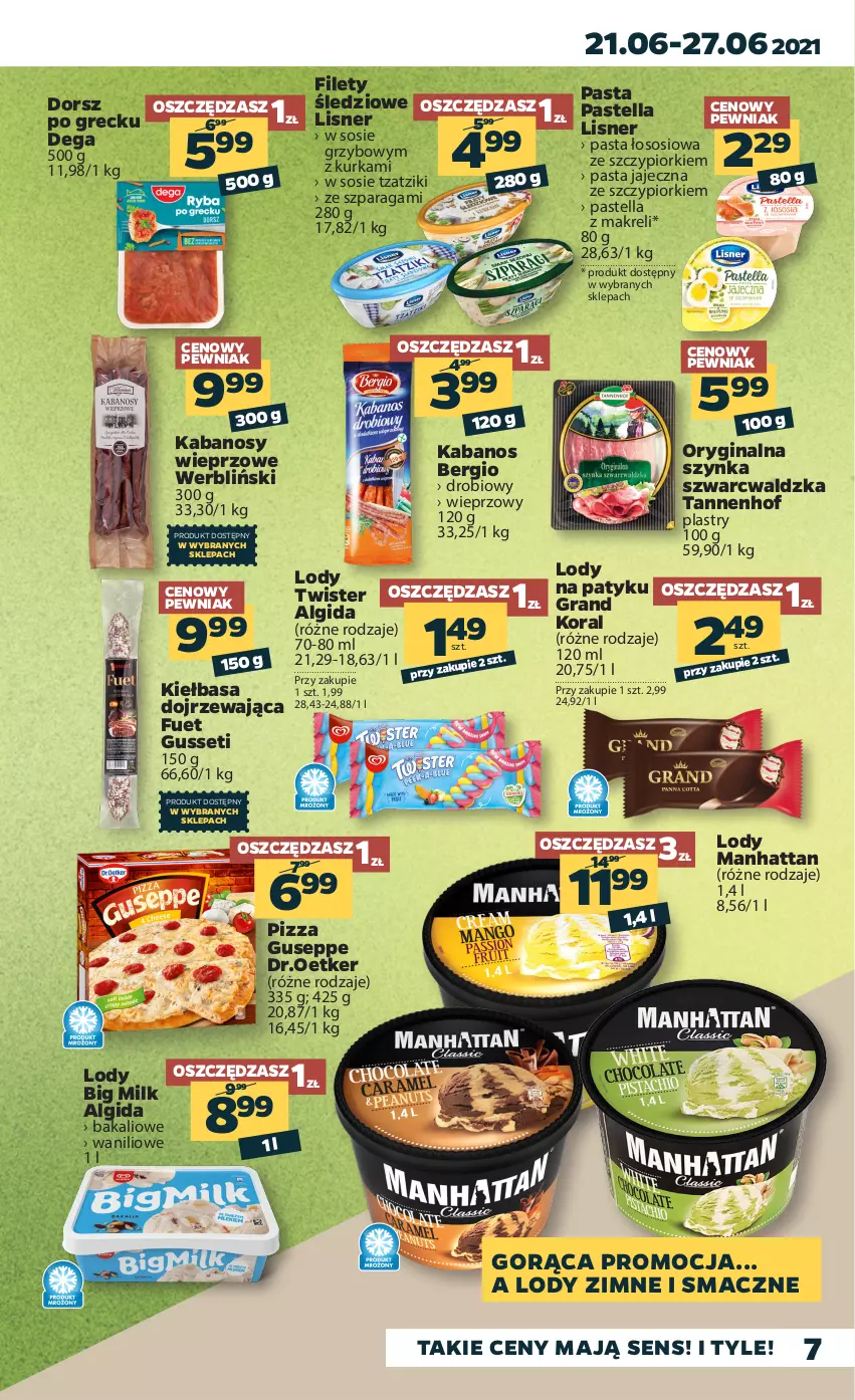 Gazetka promocyjna Netto - Gazetka spożywcza - ważna 21.06 do 27.06.2021 - strona 7 - produkty: Algida, Big Milk, Dega, Dorsz, Gin, Gra, Kabanos, Kiełbasa, LG, Lisner, Lody, Pastella, Pizza, Sos, Szynka