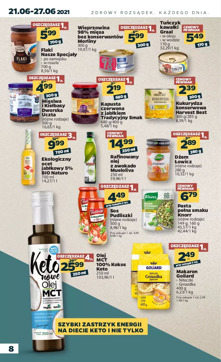 Gazetka promocyjna Netto - Gazetka spożywcza - ważna 21.06 do 27.06.2021 - strona 8 - produkty: Dżem, Flaki, Goliard, Gra, Graal, Kawa, Knorr, Kokos, Kukurydza, Kukurydza konserwowa, Makaron, Morliny, Ocet, Olej, Pudliszki, Ser, Sos, Tuńczyk, Wieprzowina