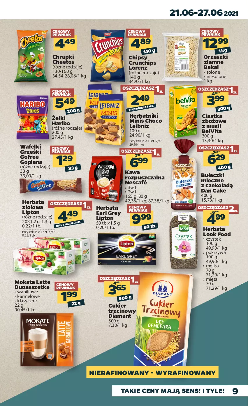 Gazetka promocyjna Netto - Gazetka spożywcza - ważna 21.06 do 27.06.2021 - strona 9 - produkty: BelVita, Bułeczki, Bułeczki mleczne, Cheetos, Chipsy, Chrupki, Ciastka, Crunchips, Cukier, Cukier trzcinowy, Dan Cake, Diamant, Earl Grey, Goplana, Grześki, Haribo, Herbata, Herbatniki, Kawa, Kawa rozpuszczalna, LANA, Lipton, Lorenz, Mięta, Mus, Nescafé, Orzeszki, Orzeszki ziemne, Stek