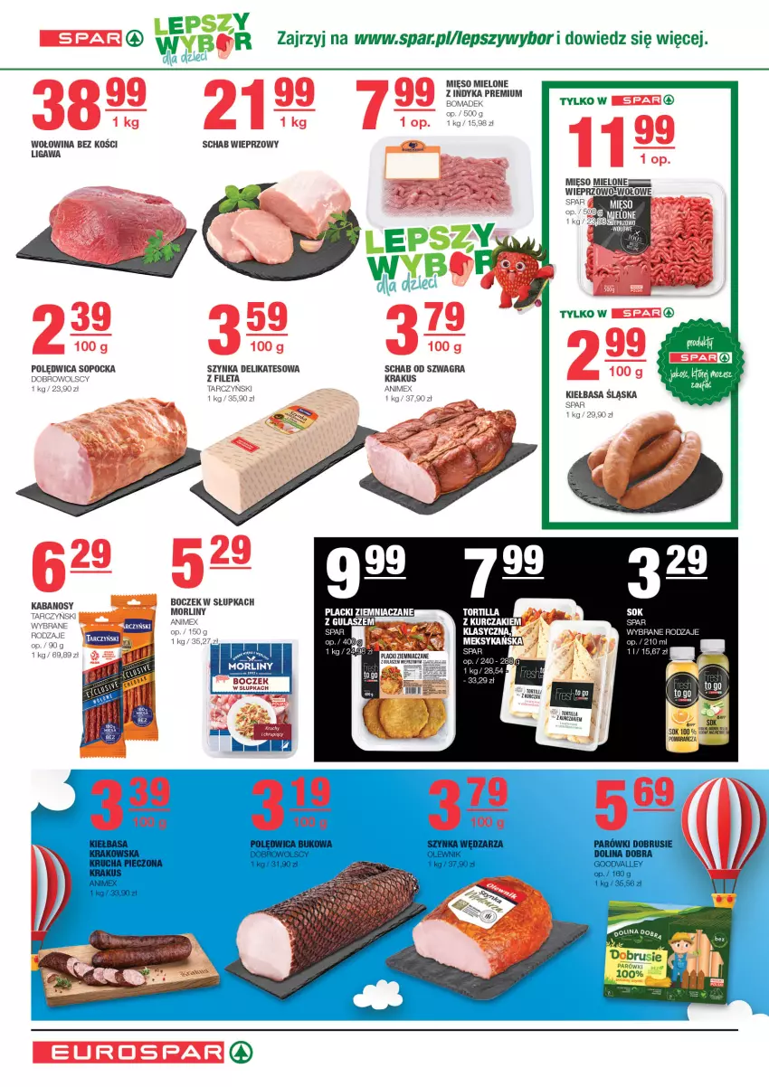 Gazetka promocyjna Spar - EuroSpar - ważna 15.10 do 25.10.2023 - strona 4 - produkty: Boczek, Gra, Kabanos, Kiełbasa, Krakus, Kurczak, Mięso, Mięso mielone, Morliny, Obrus, Parówki, Polędwica, Schab wieprzowy, Sok, Szynka, Szynka delikatesowa, Tarczyński, Wołowina, Wołowina bez kości