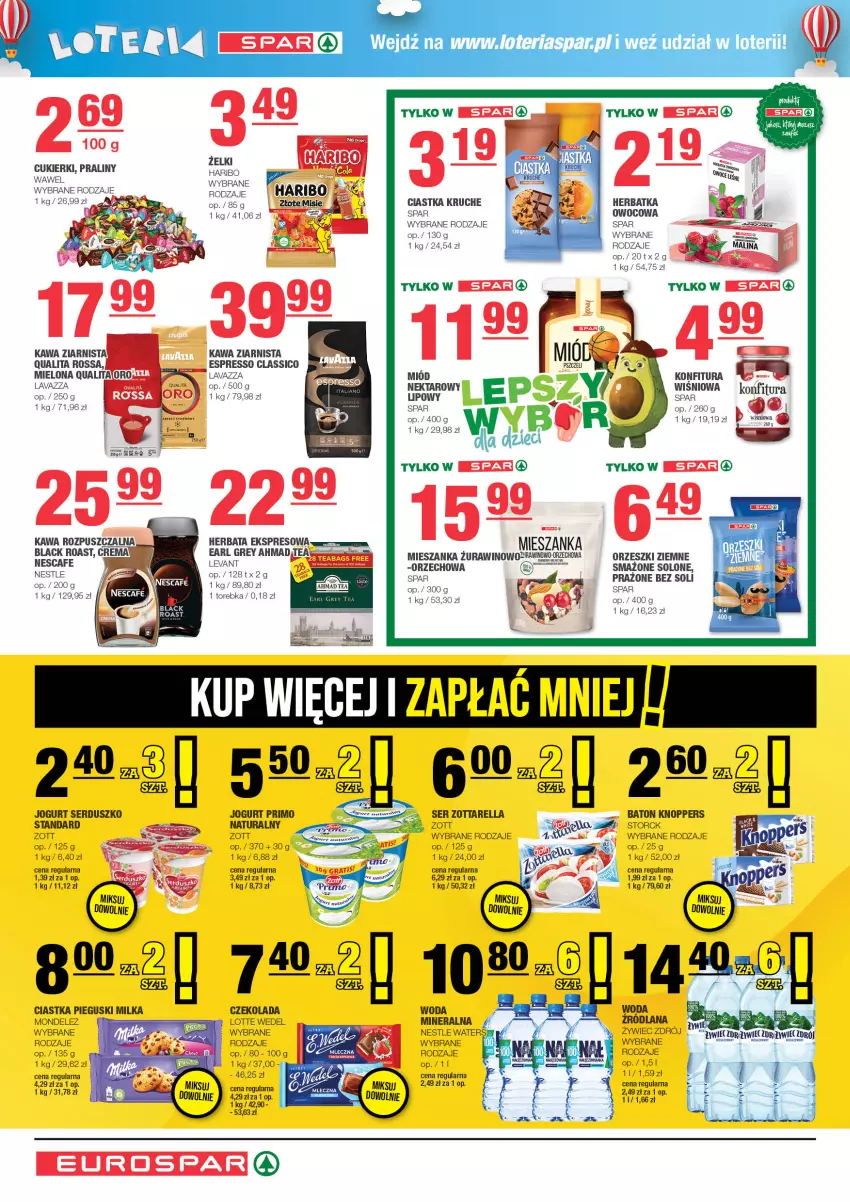 Gazetka promocyjna Spar - EuroSpar - ważna 15.10 do 25.10.2023 - strona 6 - produkty: Baton, Ciastka, Cukier, Cukierki, Czekolada, Fa, Haribo, Herbata, Jogurt, Kawa, Kawa ziarnista, Knoppers, Konfitura, Lavazza, Nektar, Orzeszki, Orzeszki ziemne, Praliny, Ser, Torebka, Wawel, Wino, Woda, Woda mineralna, Zott, Zottarella