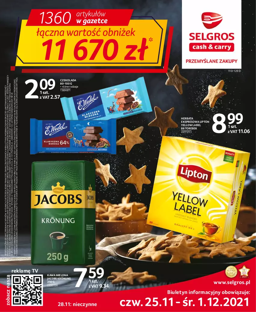 Gazetka promocyjna Selgros - Oferta spożywcza - ważna 25.11 do 01.12.2021 - strona 1 - produkty: Czekolada, Fa, Herbata, Jacobs, Jacobs Krönung, Kawa, Kawa mielona, LG, Lipton, Top, Tran