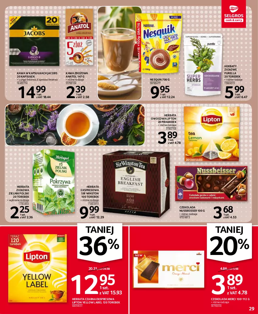 Gazetka promocyjna Selgros - Oferta spożywcza - ważna 25.11 do 01.12.2021 - strona 29 - produkty: Czekolada, Herbata, Herbata czarna, Herbata owocowa, Jacobs, Kawa, Kawa zbożowa, Lipton, Merci, Nesquik, Pur, Ser, Winston