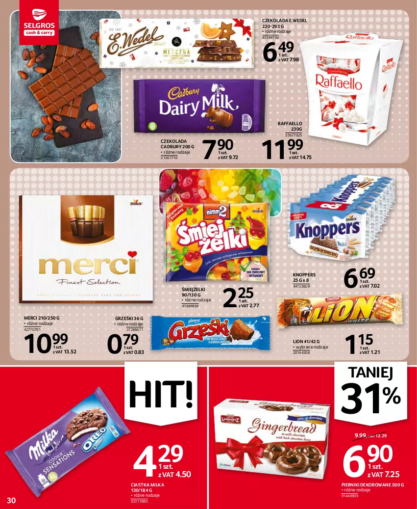 Gazetka promocyjna Selgros - Oferta spożywcza - ważna 25.11 do 01.12.2021 - strona 30 - produkty: Ciastka, Czekolada, Fa, Grześki, Knoppers, Lion, Merci, Milka, Piernik, Raffaello