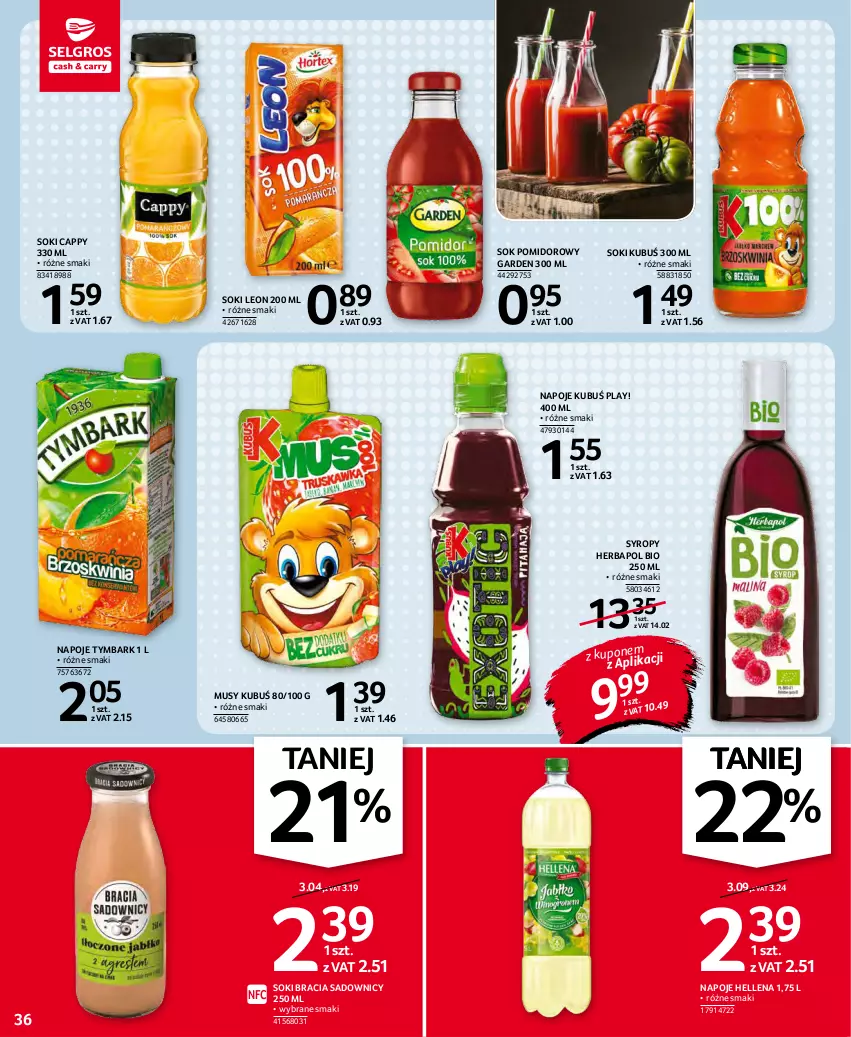 Gazetka promocyjna Selgros - Oferta spożywcza - ważna 25.11 do 01.12.2021 - strona 36 - produkty: Cappy, Hellena, Herbapol, Kubuś, Leon, Mus, Napoje, Sok, Sok pomidorowy, Syrop, Syropy, Tymbark