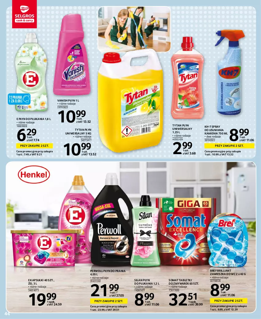 Gazetka promocyjna Selgros - Oferta spożywcza - ważna 25.11 do 01.12.2021 - strona 44 - produkty: Bref, Perwoll, Płyn do płukania, Płyn do prania, Silan, Somat, Tablet, Tytan, Vanish, Zawieszka do wc