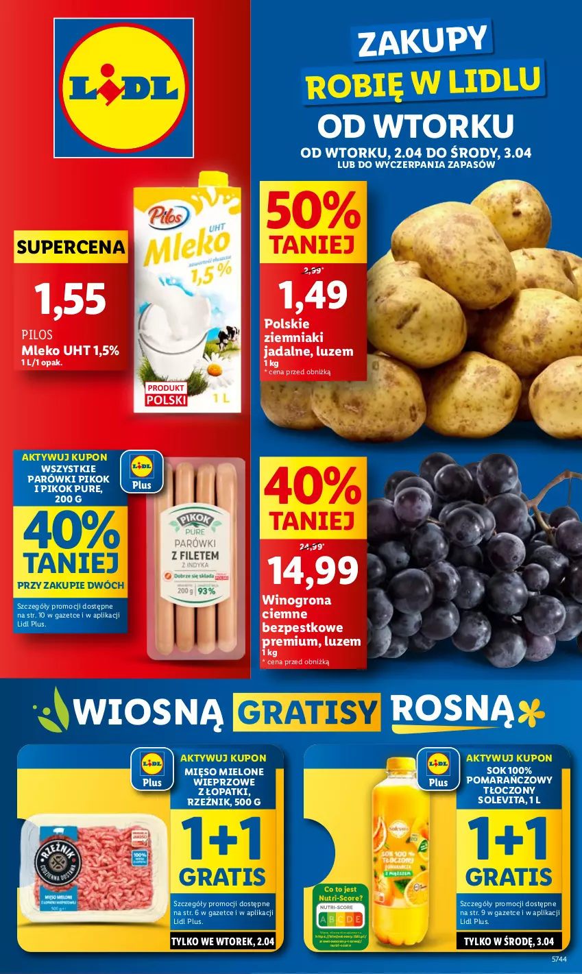 Gazetka promocyjna Lidl - GAZETKA - ważna 02.04 do 03.04.2024 - strona 1 - produkty: Gra, Mięso, Mięso mielone, Mleko, Parówki, PIKOK, Pilos, Pur, Sok, Wazon, Wino, Winogrona, Ziemniaki