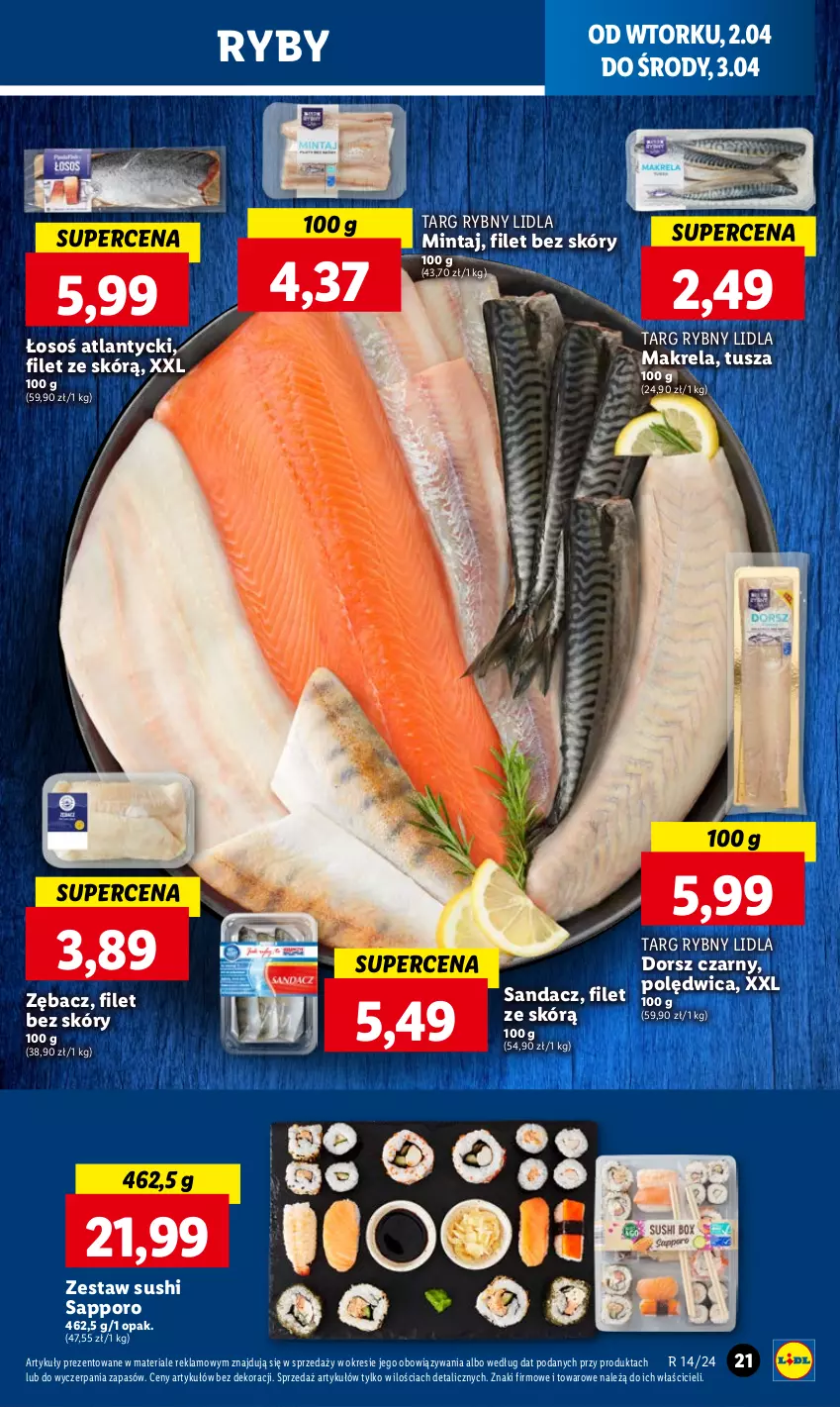 Gazetka promocyjna Lidl - GAZETKA - ważna 02.04 do 03.04.2024 - strona 23 - produkty: Dorsz, Mintaj, Polędwica, Por, Sandacz, Sushi, Tusz