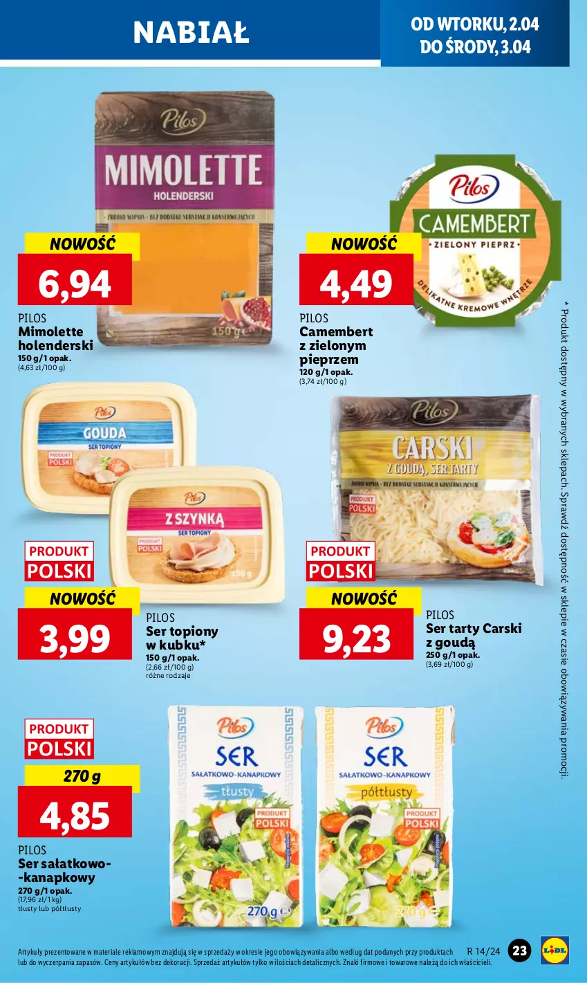 Gazetka promocyjna Lidl - GAZETKA - ważna 02.04 do 03.04.2024 - strona 25 - produkty: Camembert, Cars, Mimolette, Pieprz, Pilos, Sałat, Ser, Ser sałatkowo-kanapkowy, Ser topiony, Top