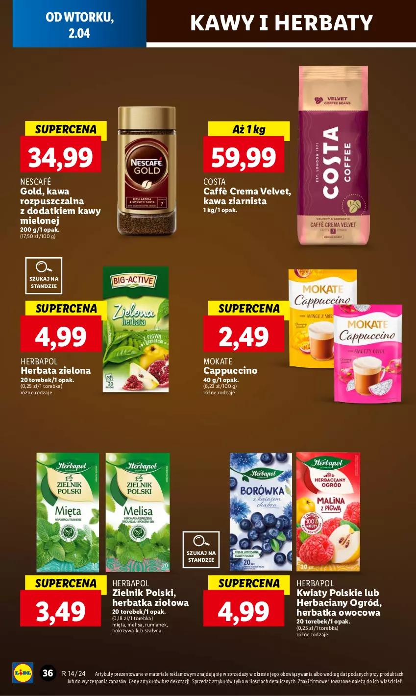 Gazetka promocyjna Lidl - GAZETKA - ważna 02.04 do 03.04.2024 - strona 40 - produkty: Cappuccino, Herbapol, Herbata, Kawa, Kawa rozpuszczalna, Kawa ziarnista, Mięta, Nescafé, Ogród, Rum, Torebka, Velvet