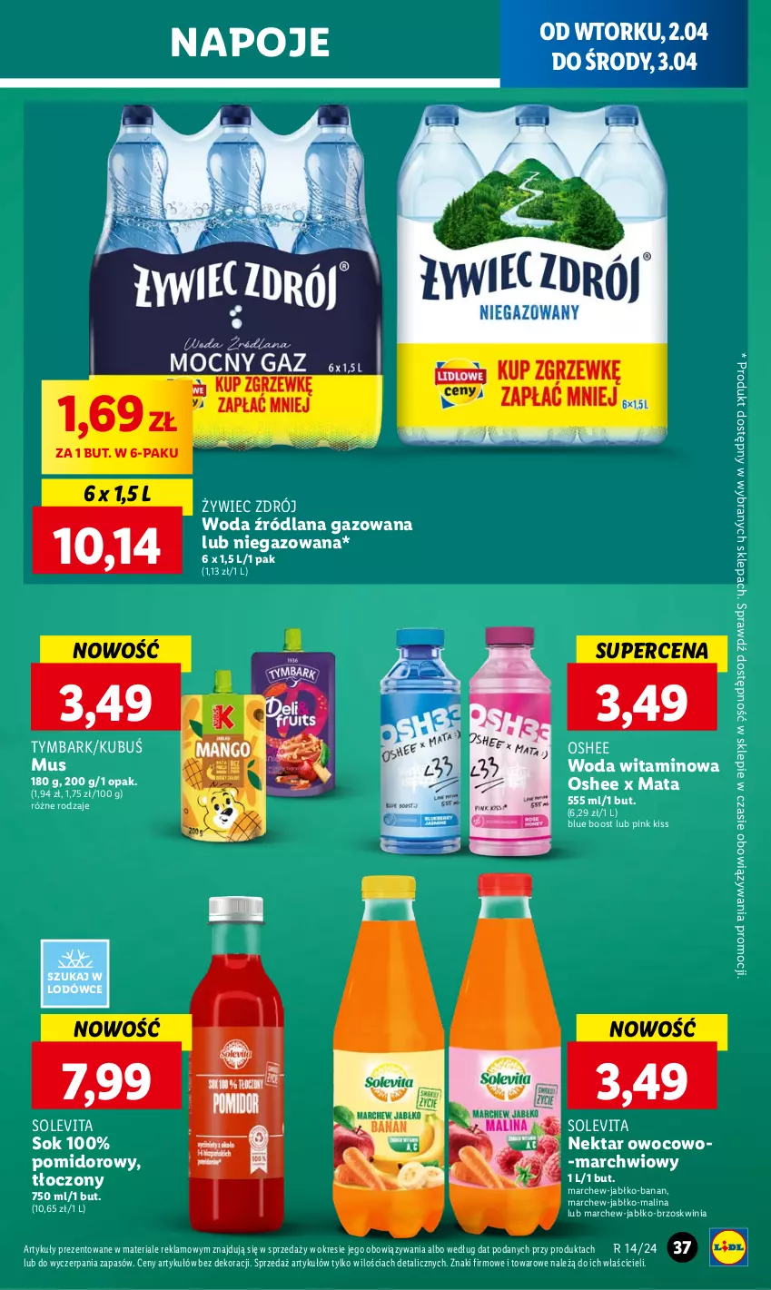 Gazetka promocyjna Lidl - GAZETKA - ważna 02.04 do 03.04.2024 - strona 41 - produkty: Kubuś, LANA, Mus, Napoje, Nektar, Oshee, Sok, Tymbark, Woda