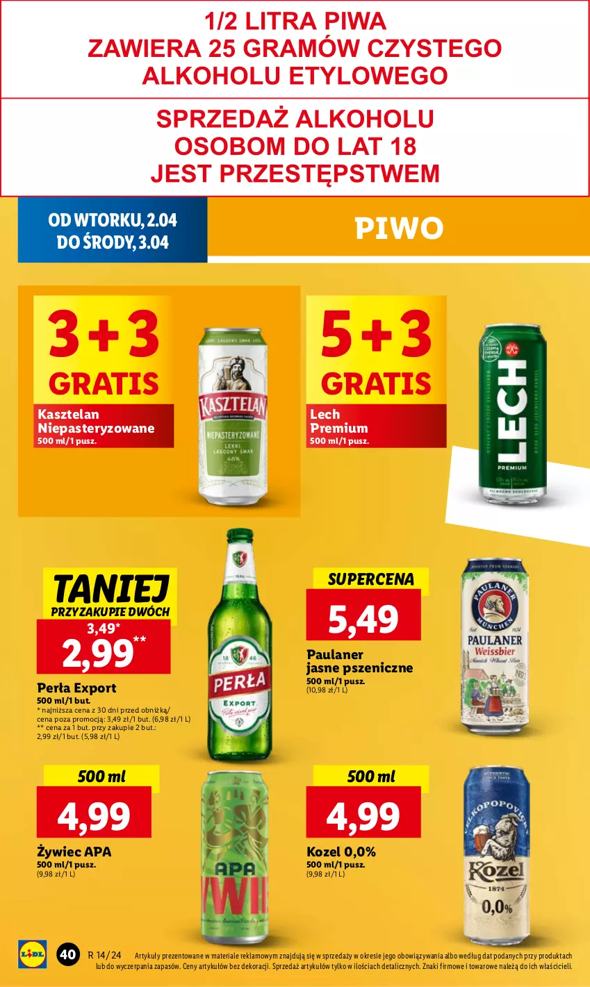 Gazetka promocyjna Lidl - GAZETKA - ważna 02.04 do 03.04.2024 - strona 44 - produkty: Gra, Kasztelan, Kozel, Lech Premium, Perła, Piwo, Por