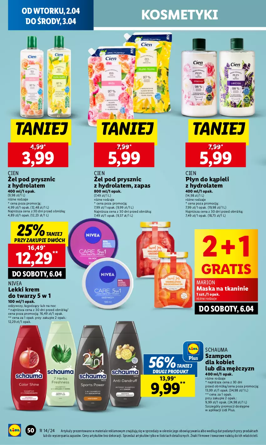 Gazetka promocyjna Lidl - GAZETKA - ważna 02.04 do 03.04.2024 - strona 54 - produkty: Gra, Hydrolat, Krem do twarzy, Maska, Nivea, Płyn do kąpieli, Schauma, Szampon