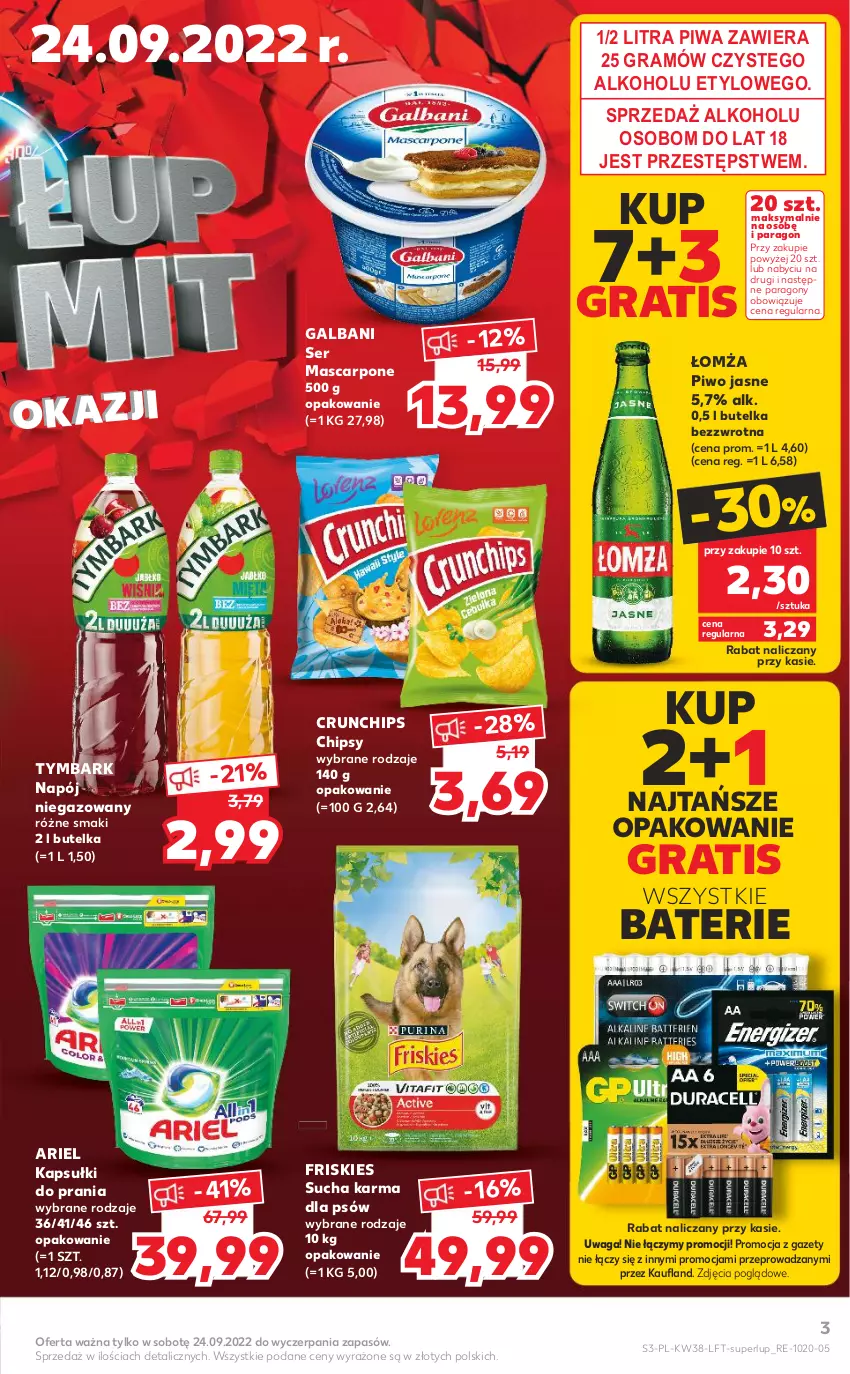 Gazetka promocyjna Kaufland - OFERTA TYGODNIA - ważna 22.09 do 28.09.2022 - strona 3 - produkty: Ariel, Chipsy, Crunchips, Friskies, Galbani, Gra, Kapsułki do prania, Mascarpone, Napój, Napój niegazowany, Piwa, Piwo, Piwo jasne, Ser, Sucha karma, Tymbark, Waga