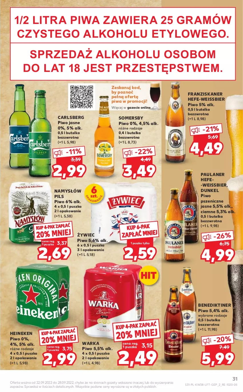 Gazetka promocyjna Kaufland - OFERTA TYGODNIA - ważna 22.09 do 28.09.2022 - strona 31 - produkty: Carlsberg, Gra, Heineken, Namysłów, Piwa, Piwo, Piwo jasne, Skaner, Somersby, Warka