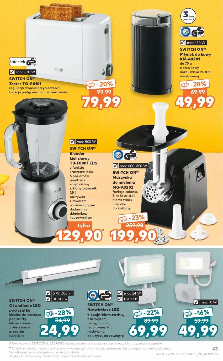 Gazetka promocyjna Kaufland - OFERTA TYGODNIA - ważna 22.09 do 28.09.2022 - strona 43 - produkty: Blender, Dozownik, Fa, Gra, Maszynka, Maszynka do mielenia, Miska, Młynek, Młynek do kawy, Naświetlacz, Naświetlacz LED, Noż, Piec, Pojemnik, Szynka, Top, Toster