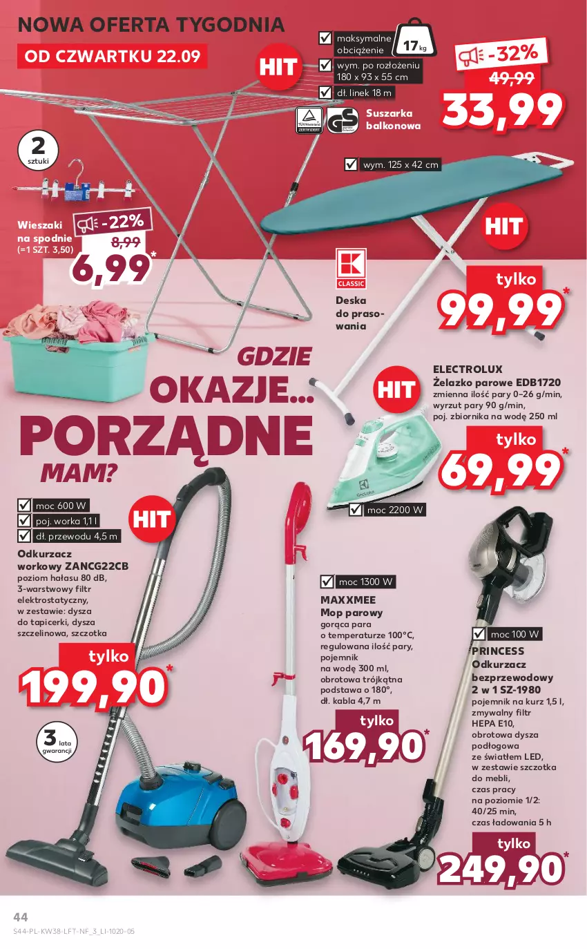 Gazetka promocyjna Kaufland - OFERTA TYGODNIA - ważna 22.09 do 28.09.2022 - strona 44 - produkty: Deska do prasowania, Electrolux, Mop, Mop parowy, Odkurzacz, Odkurzacz bezprzewodowy, Orka, Pojemnik, Por, Spodnie, Suszarka, Suszarka balkonowa, Szczotka, Wieszak