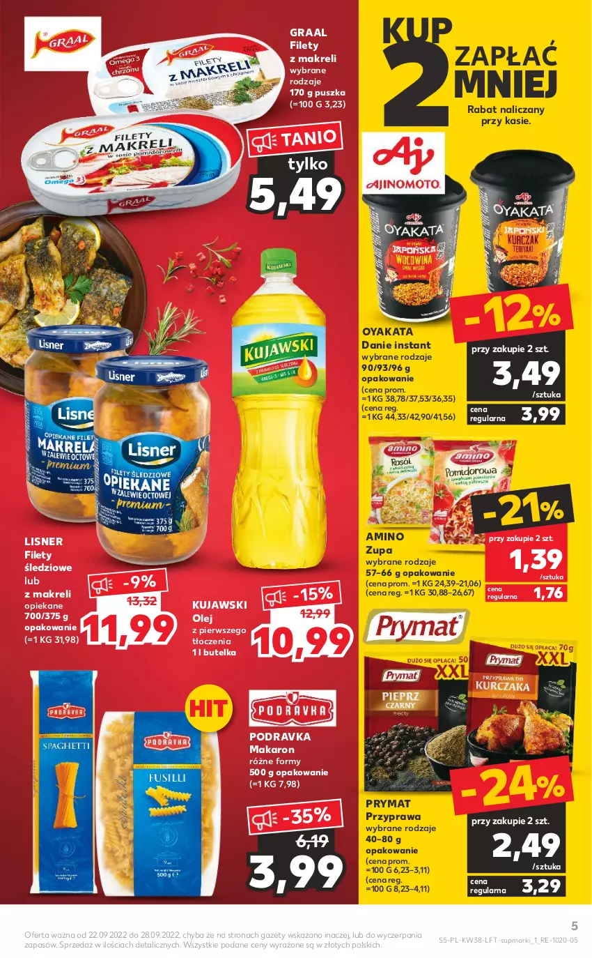 Gazetka promocyjna Kaufland - OFERTA TYGODNIA - ważna 22.09 do 28.09.2022 - strona 5 - produkty: Gra, Graal, Kujawski, Lisner, Makaron, Olej, Podravka, Prymat, Zupa