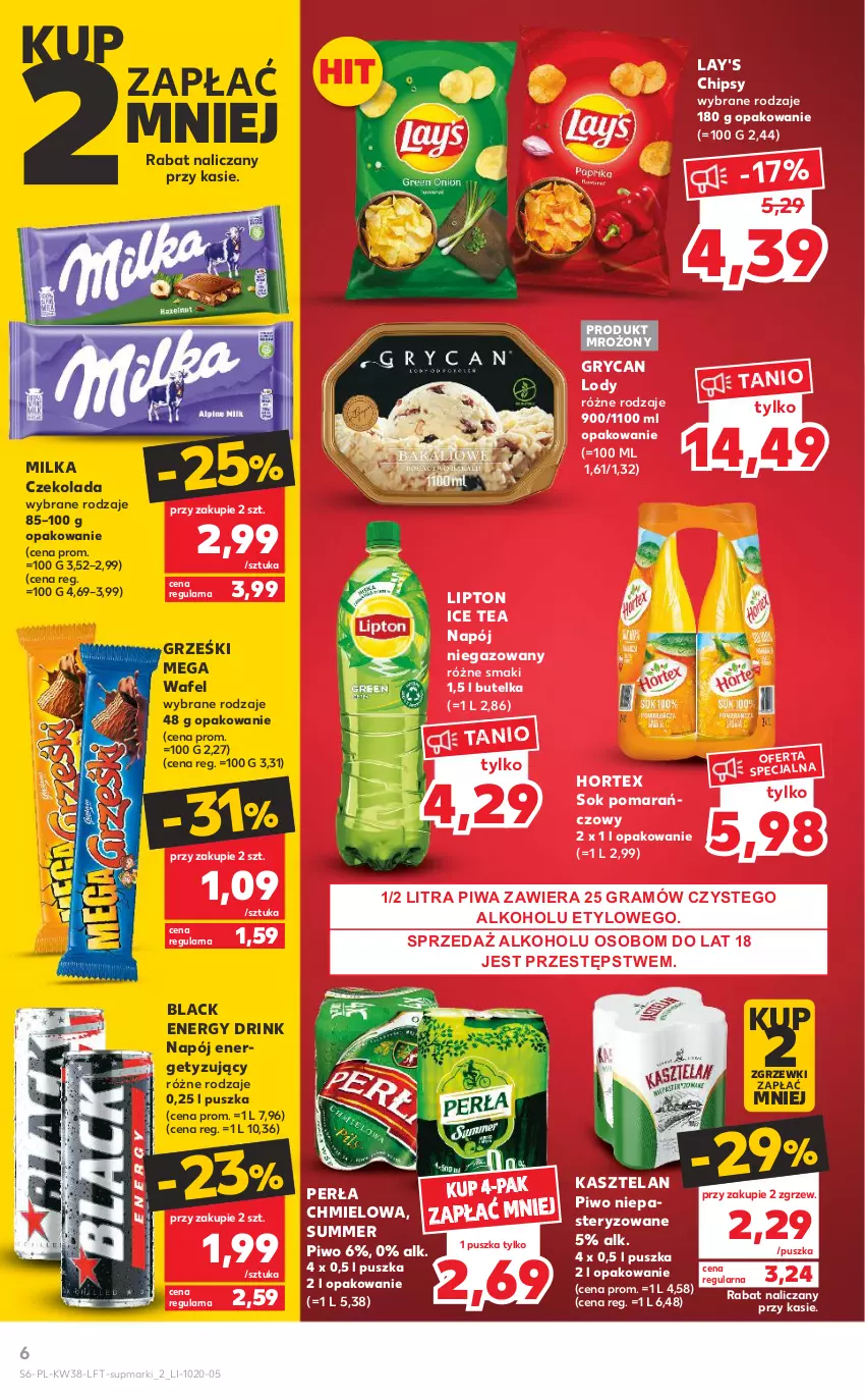 Gazetka promocyjna Kaufland - OFERTA TYGODNIA - ważna 22.09 do 28.09.2022 - strona 6 - produkty: Chipsy, Czekolada, Gra, Gry, Grześki, Hortex, Ice tea, Kasztelan, Lack, Lipton, Lody, Milka, Napój, Napój niegazowany, Perła, Piwa, Piwo, Sok, Sok pomarańczowy