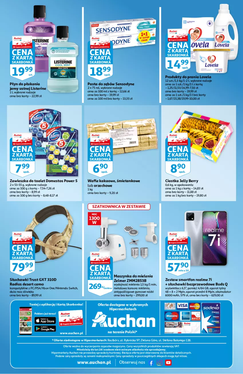 Gazetka promocyjna Auchan - Skarbonka #32 - ważna 12.08 do 18.08.2021 - strona 4 - produkty: Akumulator, Ciastka, Deser, Domestos, Kakao, Listerine, Lovela, Maszynka, Maszynka do mielenia, Nintendo Switch, Pasta do zębów, Płyn do płukania, Płyn do płukania jamy ustnej, Rust, Sensodyne, Ser, Słuchawki, Słuchawki bezprzewodowe, Smartfon, Szatkownica, Szynka, Wafle, Xbox, Zelmer