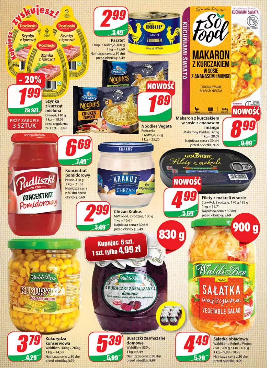 Gazetka promocyjna Dino - G25 - ważna 21.06 do 27.06.2023 - strona 7 - produkty: Ananas, Buraczki, Chrzan, Gin, Heinz, Koncentrat pomidorowy, Krakus, Kuchnia, Kukurydza, Kurczak, Makaron, Mango, Pasztet, Podravka, Rolnik, Sałat, Sałatka, Ser, Sos, Stek, Szynka, Vegeta