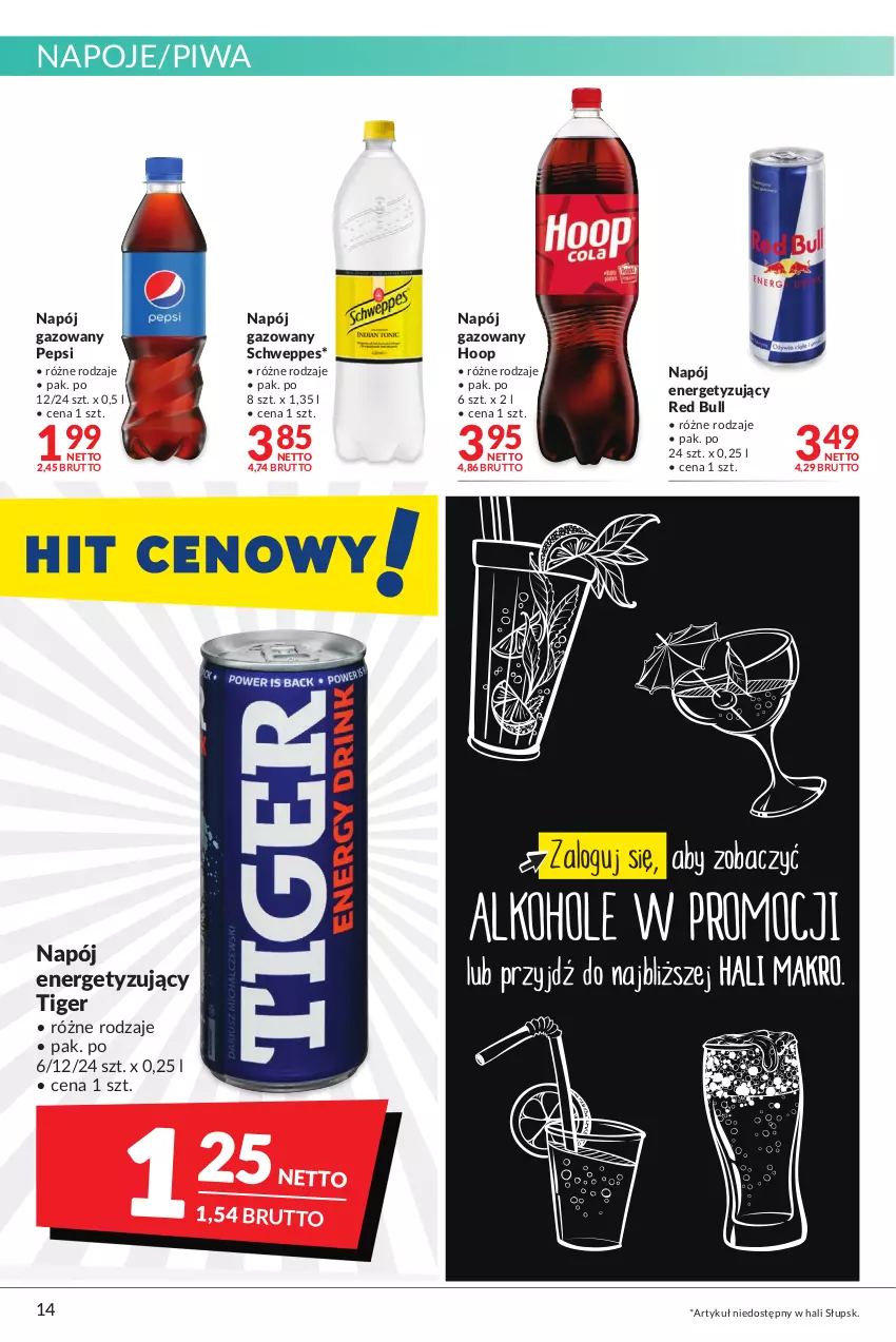 Gazetka promocyjna Makro - [Oferta promocyjna] Artykuły spożywcze i przemysłowe - ważna 27.12.2021 do 05.01.2022 - strona 14 - produkty: Hoop, Napój, Napój gazowany, Napoje, Pepsi, Piwa, Red Bull, Schweppes, Tiger