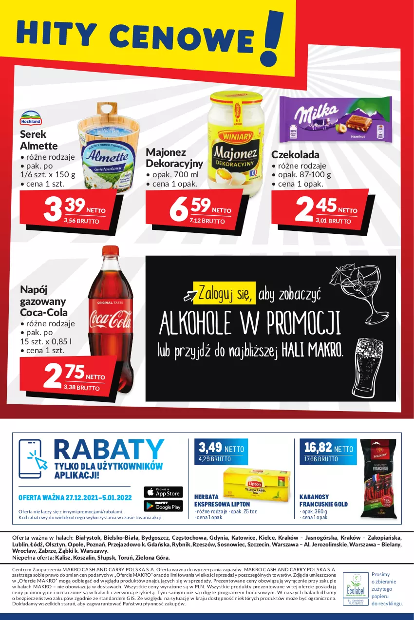 Gazetka promocyjna Makro - [Oferta promocyjna] Artykuły spożywcze i przemysłowe - ważna 27.12.2021 do 05.01.2022 - strona 20 - produkty: Almette, Coca-Cola, Czekolada, Gra, Herbata, Kabanos, Kosz, Lipton, Majonez, Napój, Napój gazowany, Papier, Piec, Rum, Ser, Serek, Sos, Szal