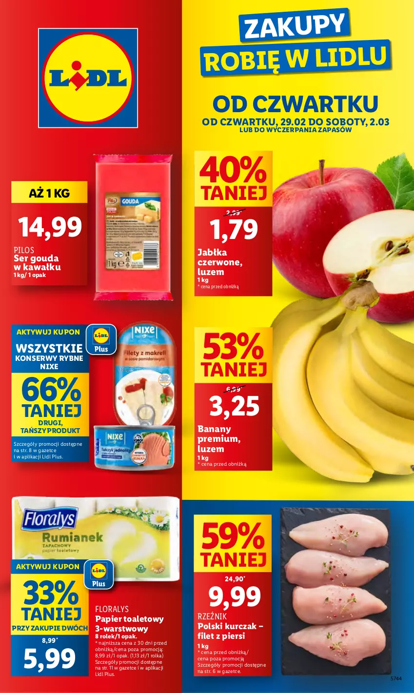 Gazetka promocyjna Lidl - GAZETKA - ważna 29.02 do 02.03.2024 - strona 1 - produkty: Banany, Flora, Gouda, Jabłka, Kawa, Kurczak, Papier, Papier toaletowy, Pilos, Ser