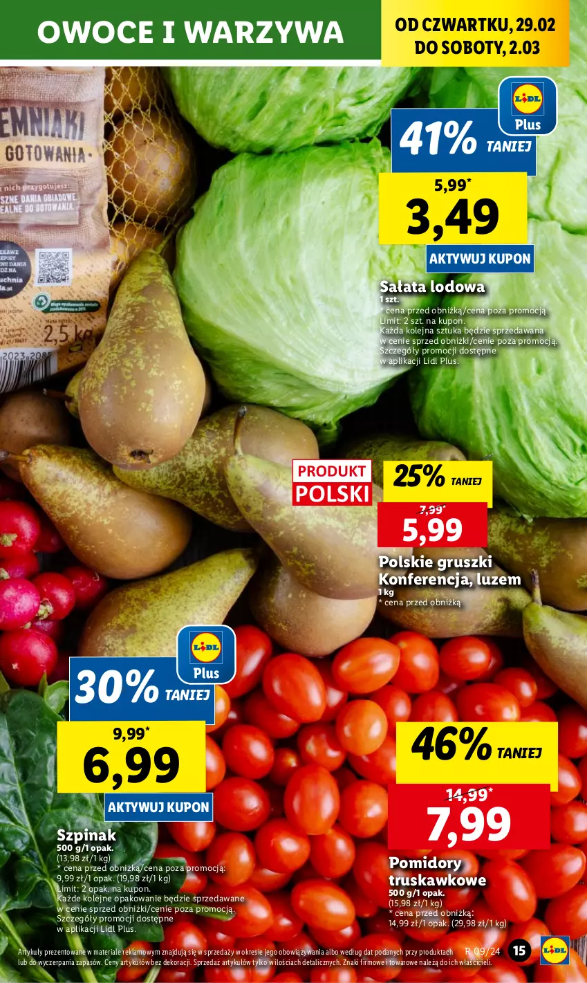 Gazetka promocyjna Lidl - GAZETKA - ważna 29.02 do 02.03.2024 - strona 19 - produkty: Gruszki, Olej, Owoce, Pomidory, Sałat, Sałata lodowa, Szpinak, Warzywa