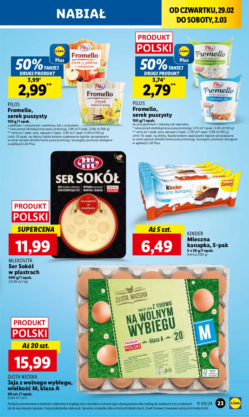 Gazetka promocyjna Lidl - GAZETKA - ważna 29.02 do 02.03.2024 - strona 27 - produkty: Jaja, Jaja z wolnego wybiegu, Kinder, Mleczna kanapka, Mleko, Mlekovita, Olej, Pilos, Ser, Serek, Serek puszysty, Sok, Sokół