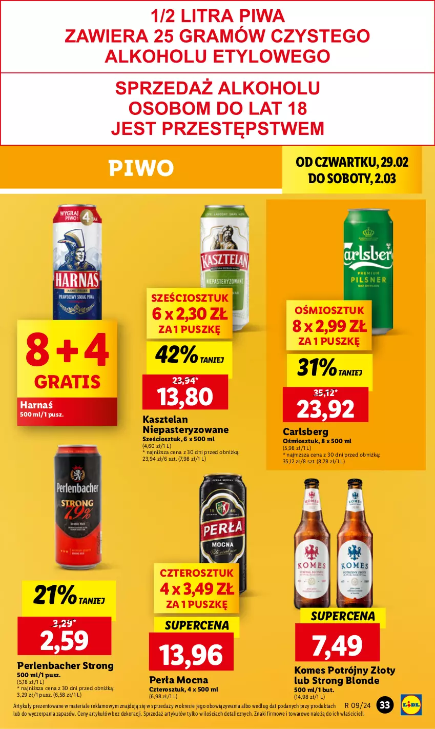 Gazetka promocyjna Lidl - GAZETKA - ważna 29.02 do 02.03.2024 - strona 39 - produkty: Carlsberg, Gra, Harnaś, Kasztelan, NBA, Perła, Piwo