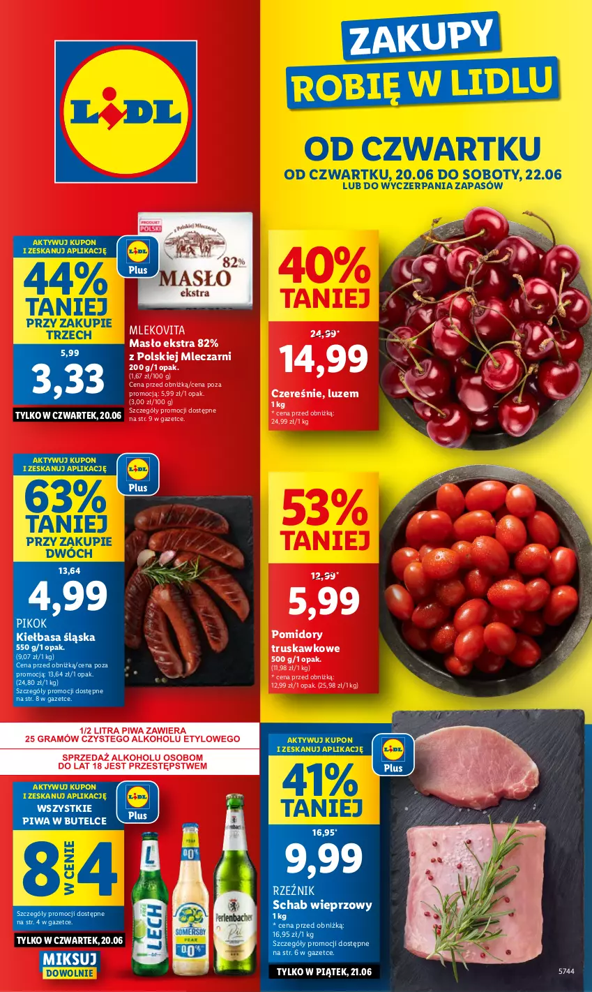 Gazetka promocyjna Lidl - GAZETKA - ważna 20.06 do 22.06.2024 - strona 1 - produkty: Kiełbasa, Kiełbasa śląska, Masło, Mleko, Mlekovita, PIKOK, Piwa, Pomidory, Schab wieprzowy