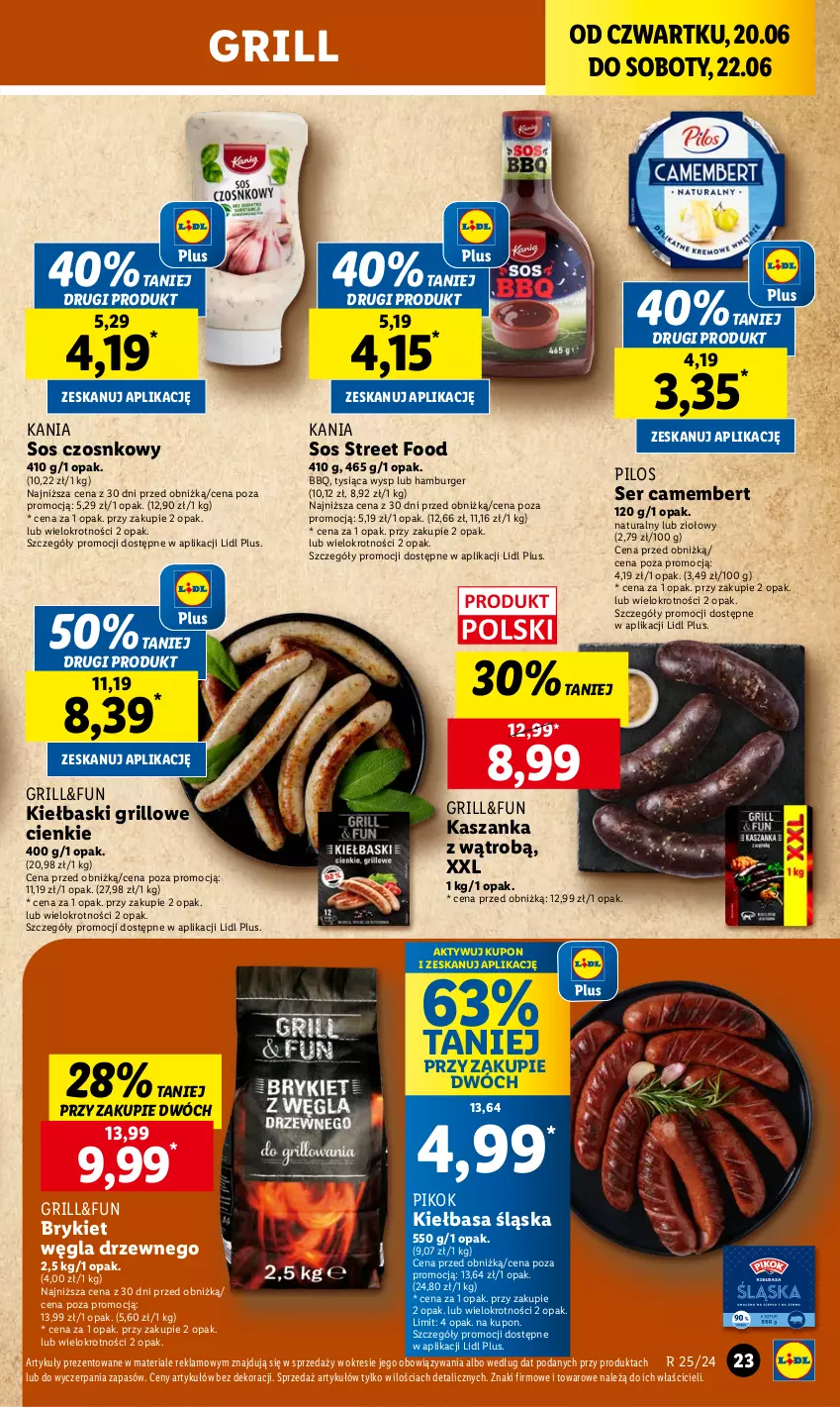 Gazetka promocyjna Lidl - GAZETKA - ważna 20.06 do 22.06.2024 - strona 27 - produkty: Burger, Camembert, Grill, Hamburger, Kasza, Kaszanka, Kiełbasa, Kiełbasa śląska, PIKOK, Pilos, Ser, Sos, Sos czosnkowy