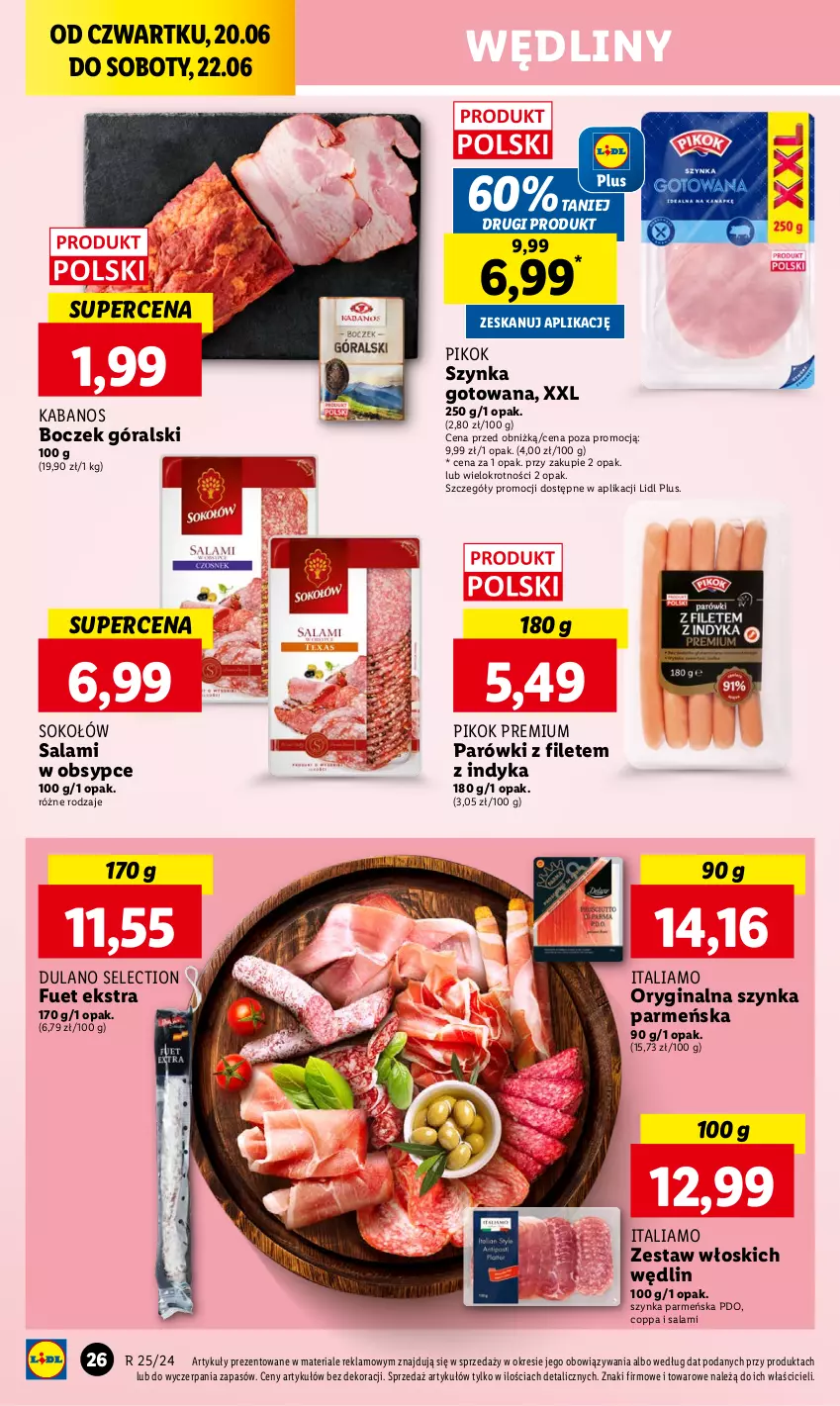 Gazetka promocyjna Lidl - GAZETKA - ważna 20.06 do 22.06.2024 - strona 32 - produkty: Boczek, Dulano, Gin, Kabanos, Parówki, PIKOK, Salami, Sok, Sokołów, Szynka