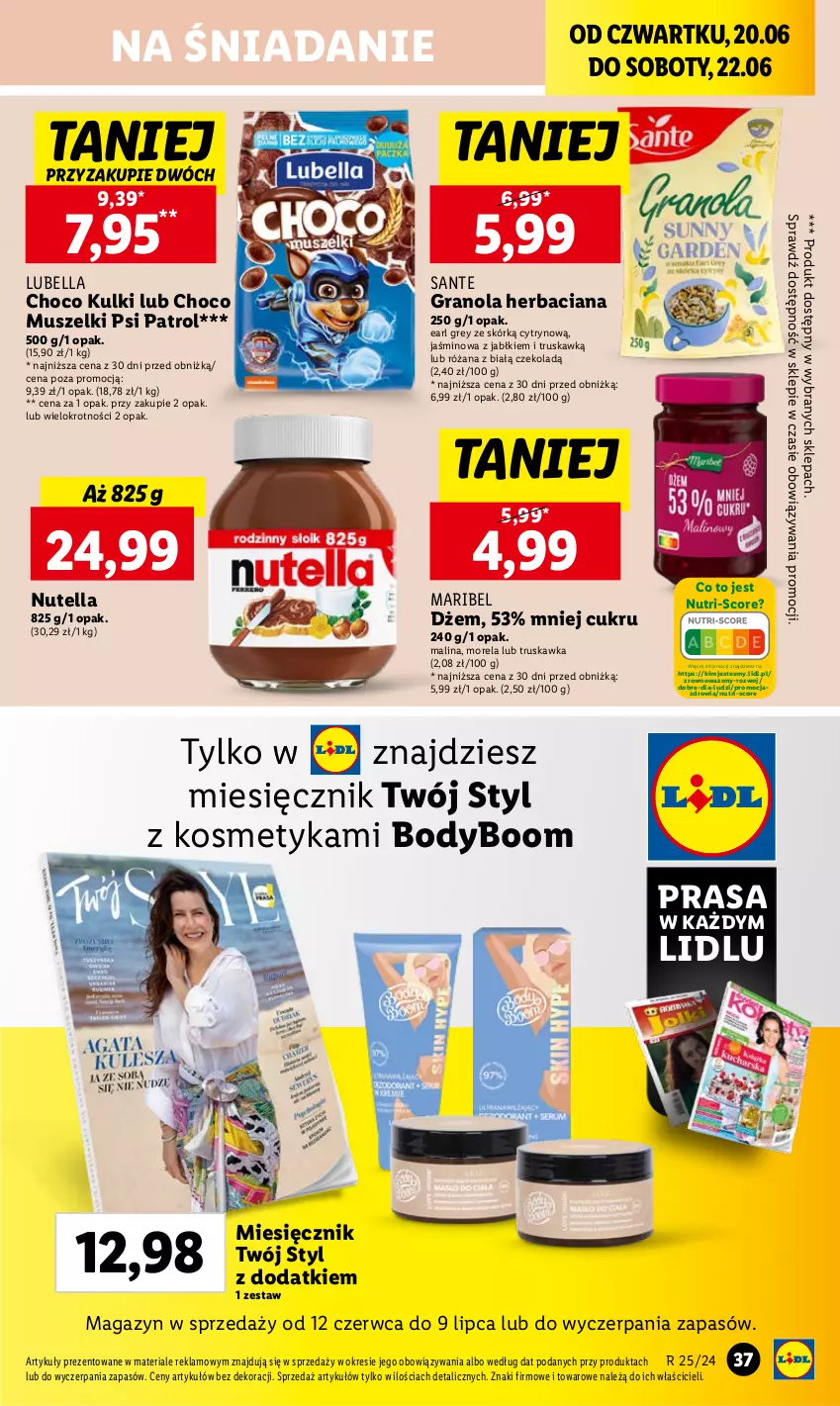 Gazetka promocyjna Lidl - GAZETKA - ważna 20.06 do 22.06.2024 - strona 45 - produkty: Bell, Bella, Body, Dżem, Earl Grey, Gra, Granola, Lubella, Morela, Mus, Nutella, Psi Patrol, Róża, Sante, Wazon