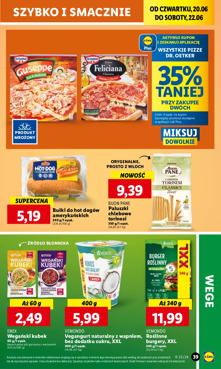 Gazetka promocyjna Lidl - GAZETKA - ważna 20.06 do 22.06.2024 - strona 47 - produkty: Bułki do hot dogów, Burger, Chleb, Dr. Oetker, Gin, Gry, Hot dog, Kasza, Kubek, Kuskus, Vegangurt, Warzywa