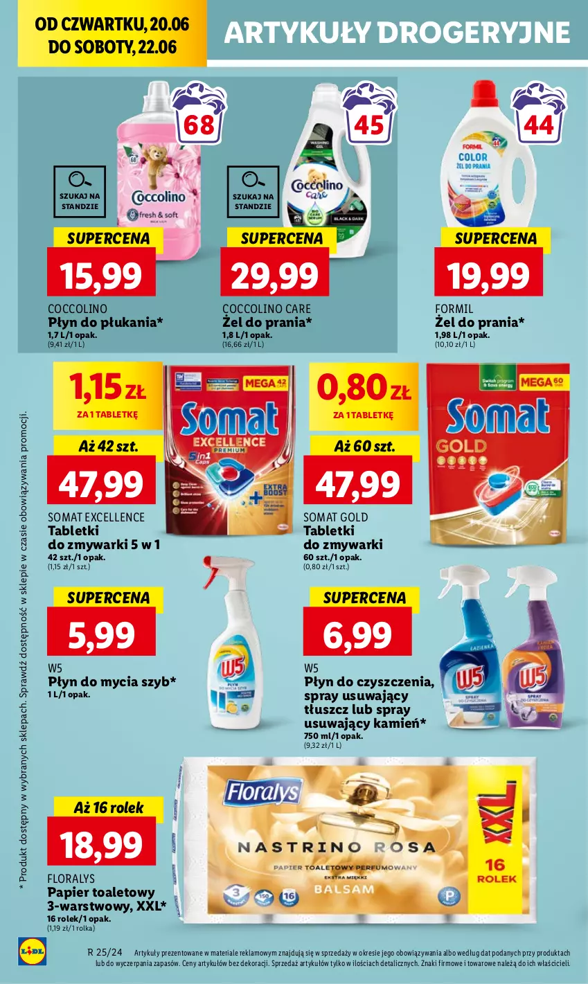 Gazetka promocyjna Lidl - GAZETKA - ważna 20.06 do 22.06.2024 - strona 54 - produkty: Coccolino, Flora, Papier, Papier toaletowy, Płyn do mycia, Płyn do płukania, Somat, Somat gold, Tablet, Tabletki do zmywarki, Zmywarki